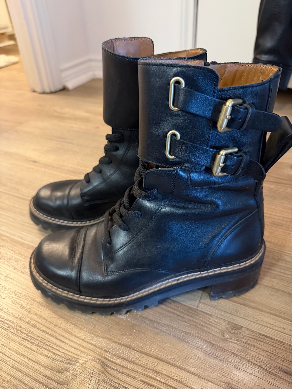 See By Chloé Black Leather Buckle Combat Boots size 39EU